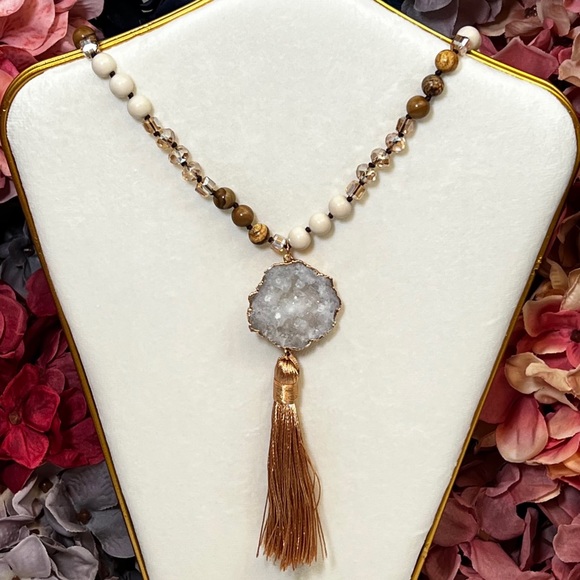 Natural Stone Beaded Necklace with Gold Dipped Agate Druzy Pendant & Tassel - Picture 3 of 15